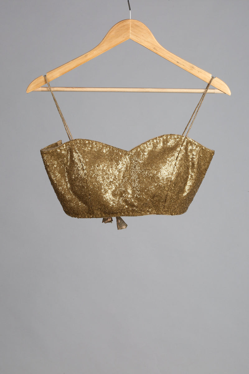 UMA SUTRA Gold Sequin Blouse with Shoulder Straps & Back Tie-Up front view 