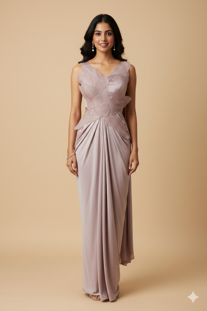 UMA SUTRA Blush Mauve Designer Pre-Draped Saree with Leaf Embroidered Blouse – Premium Ready-to-Wear Party & Wedding Wear