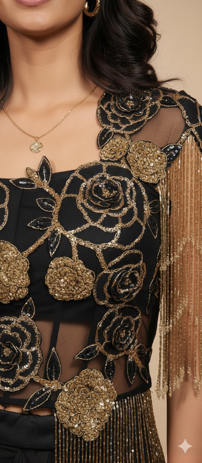 UMA SUTRA Black & Gold Floral Embroidered Drape Saree Set