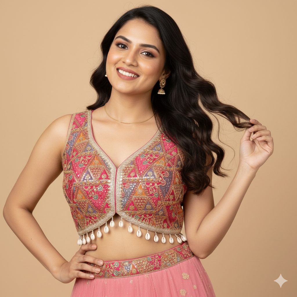 Designer Patchwork Embroidered Blouse with Cowrie Tassels – Premium Festive Wear by UMA SUTRA