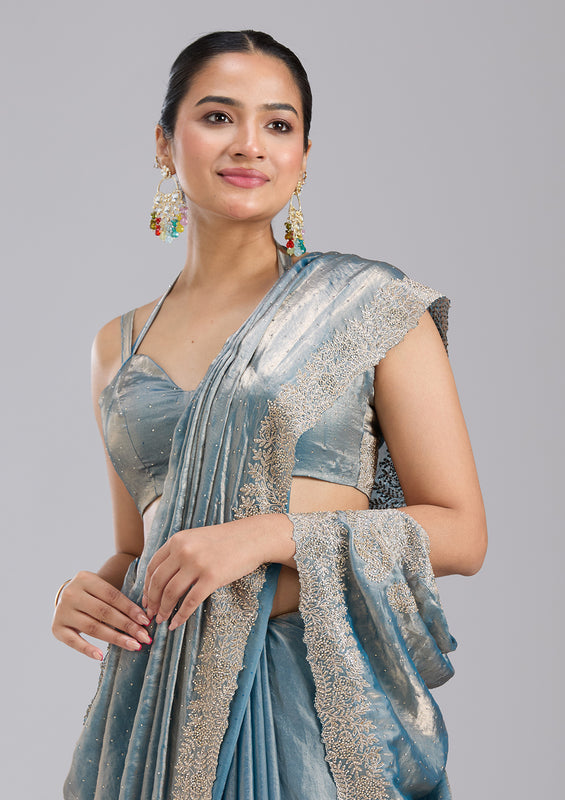 UMA SUTRA Tissue Saree with Gold Stonework Embroidery blue