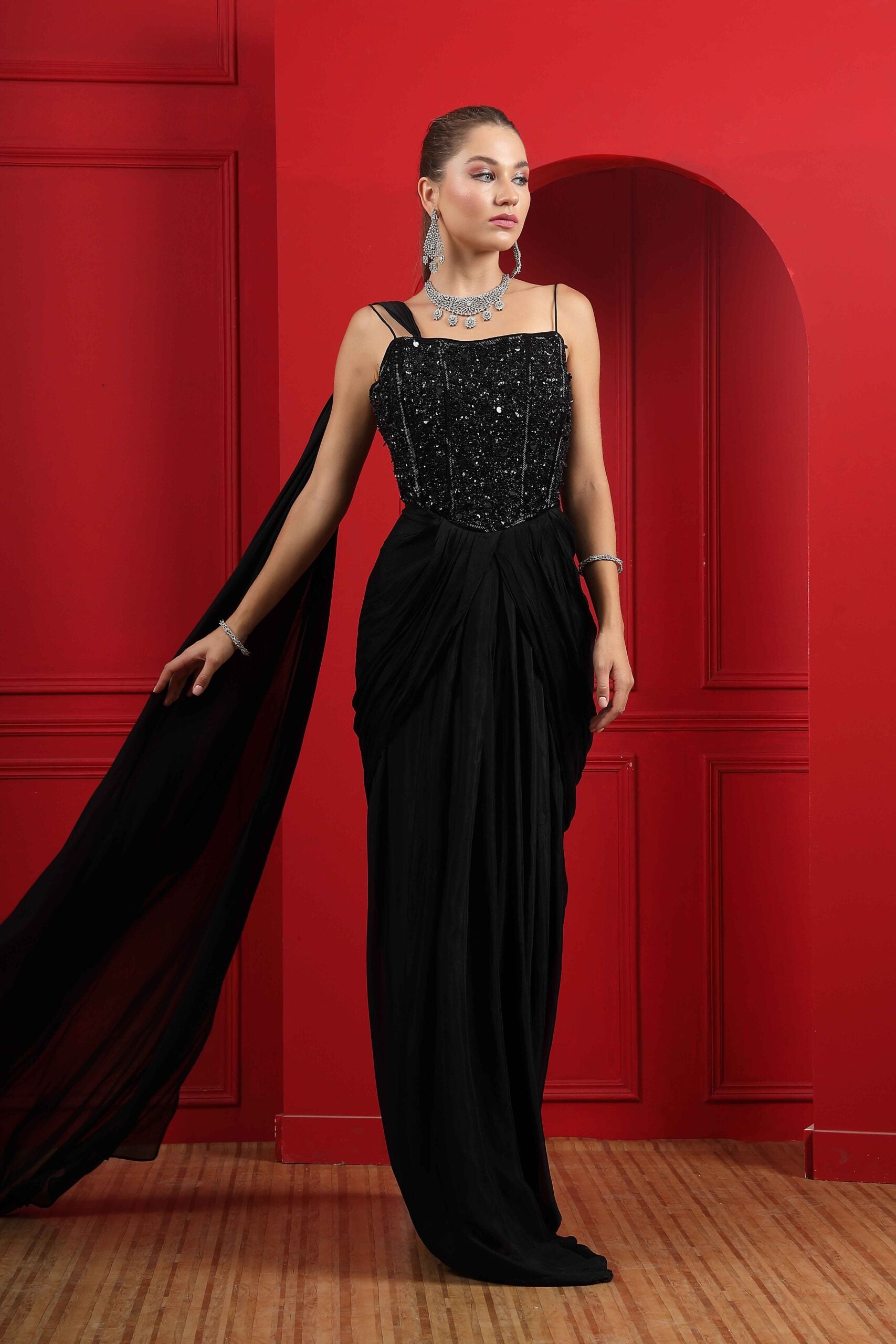 Black Drape Corset Gown with Hand Embroidery – UMA SUTRA