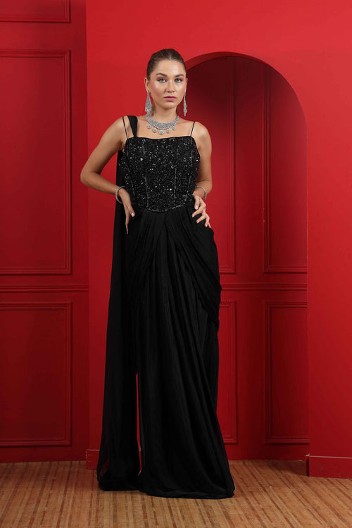 Black Drape Corset Gown with Hand Embroidery – UMA SUTRA