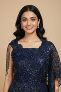 UMA SUTRA Navy Blue Sequin Embroidered Evening Gown