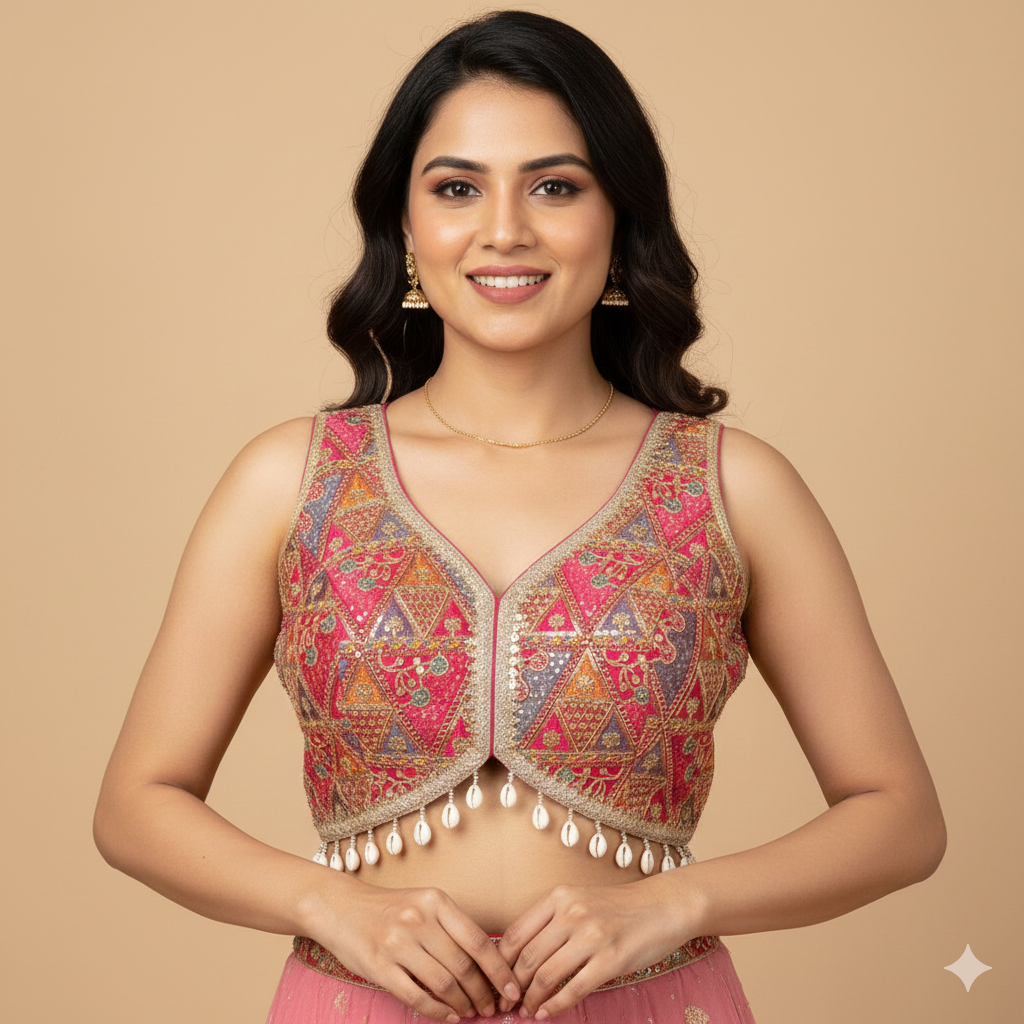 Designer Patchwork Embroidered Blouse with Cowrie Tassels – Premium Festive Wear by UMA SUTRA