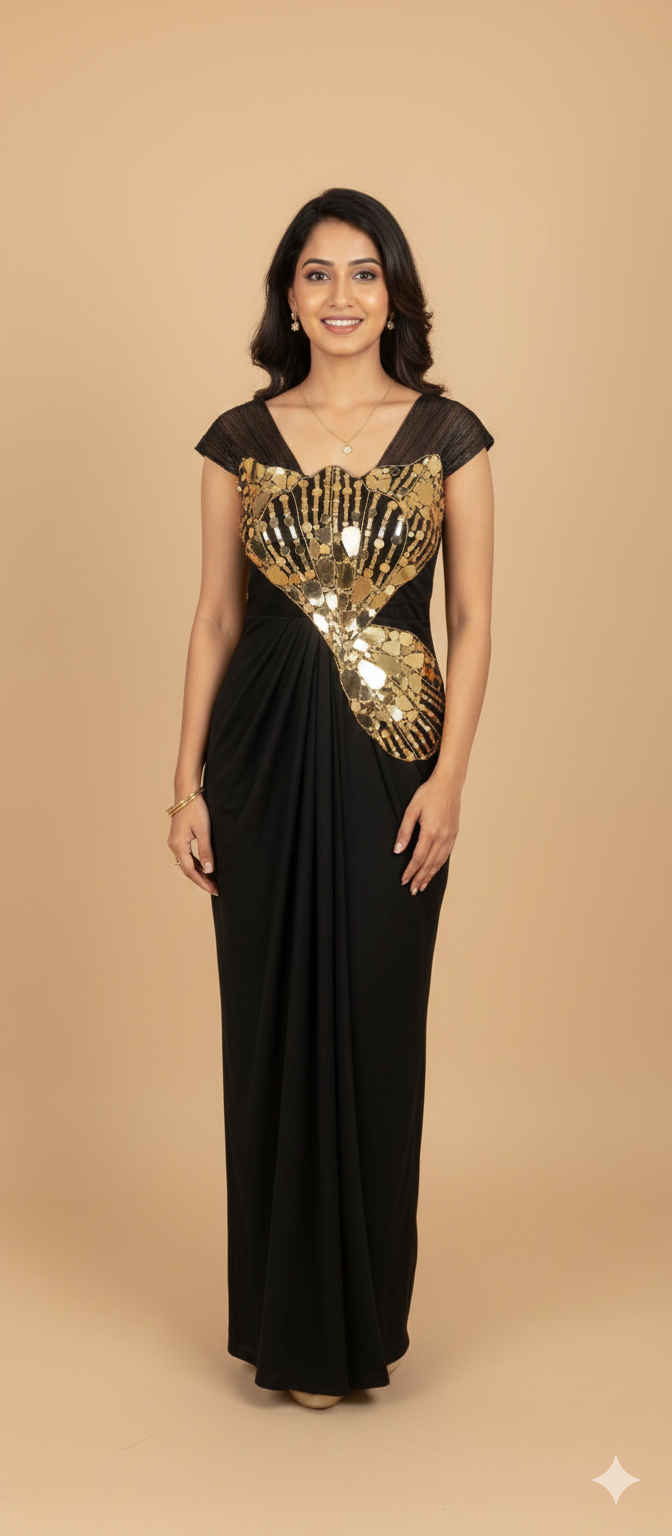 UMA SUTRA Black & Gold Embellished Evening Gown – Luxury Designer Party Wear for Women