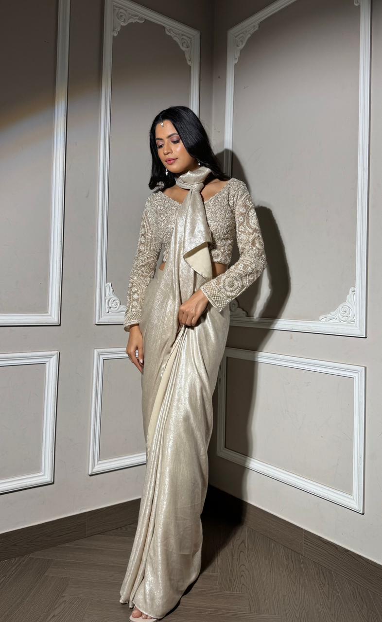 Ivory Drape Saree with Designer Blouse – UMA SUTRA