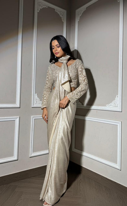 Ivory Drape Saree with Designer Blouse – UMA SUTRA