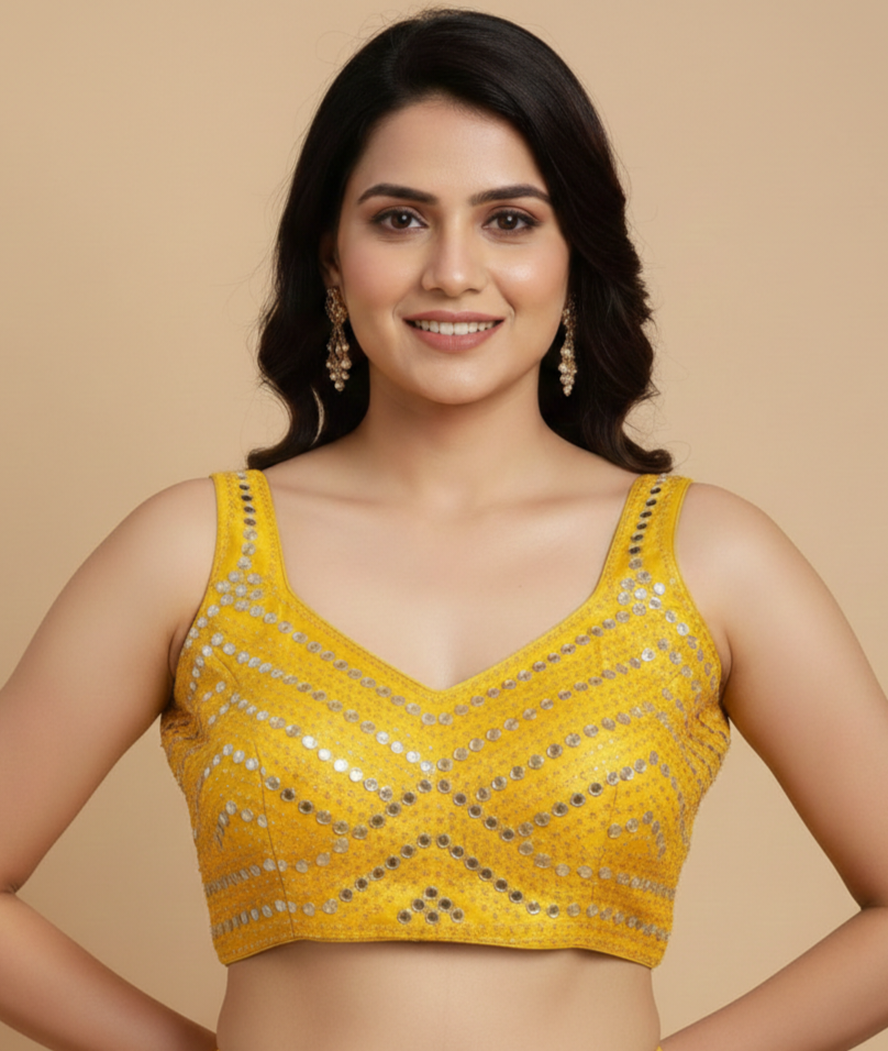 Yellow Mirror Work Designer Blouse for Women | Premium Festive & Wedding Wear by UMA SUTRA