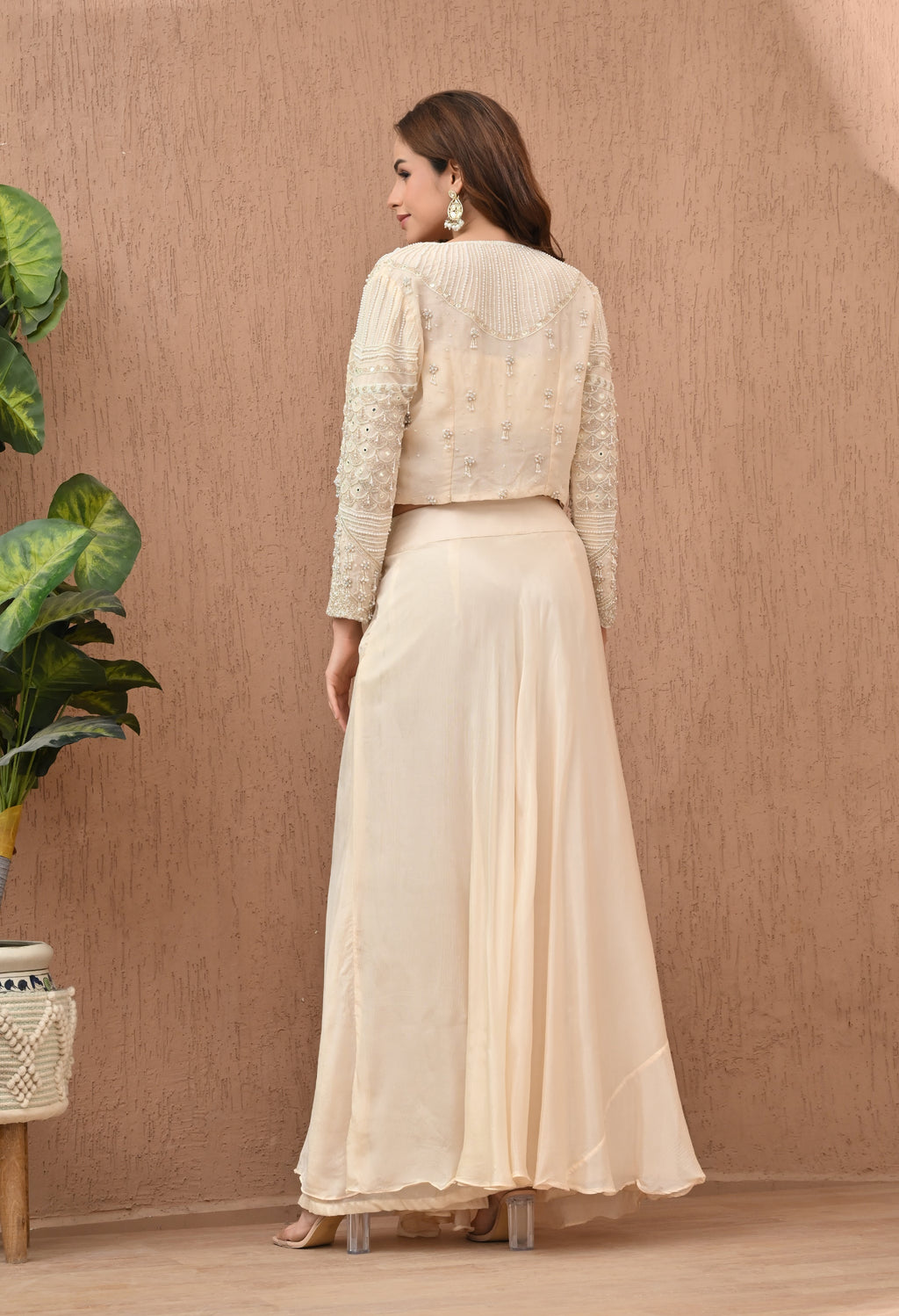 UMA SUTRA Fusion Embroidered Jacket Set with Heavy Embellished Blouse & Flared Pants – Indo Western Glam