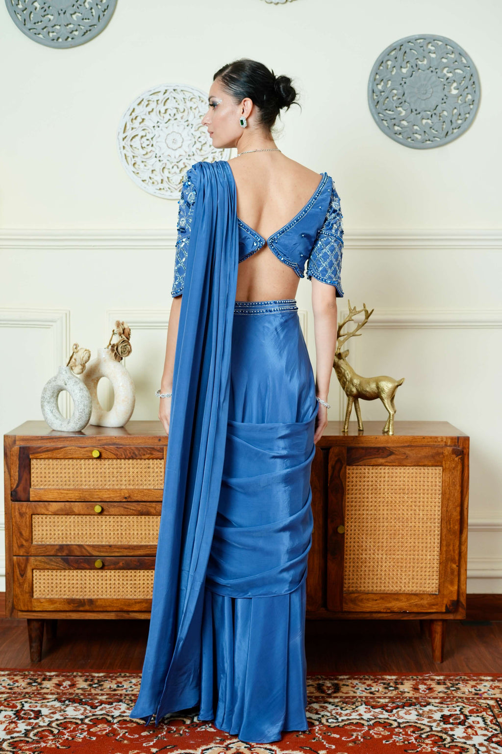 UMA SUTRA Lavender Pre-Stitched Saree with Intricate Embroidery & Deep V Back Blouse back view 