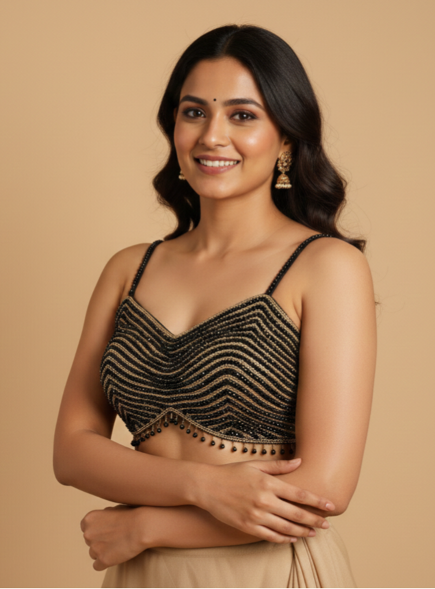 UMA SUTRA Designer Black & Gold Beaded Statement Blouse