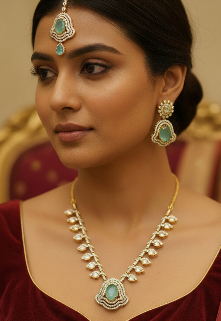 Emerald Glow Kundan Imitation Jewellery Set – Necklace, Earrings & Maang Tikka | UMA SUTRA