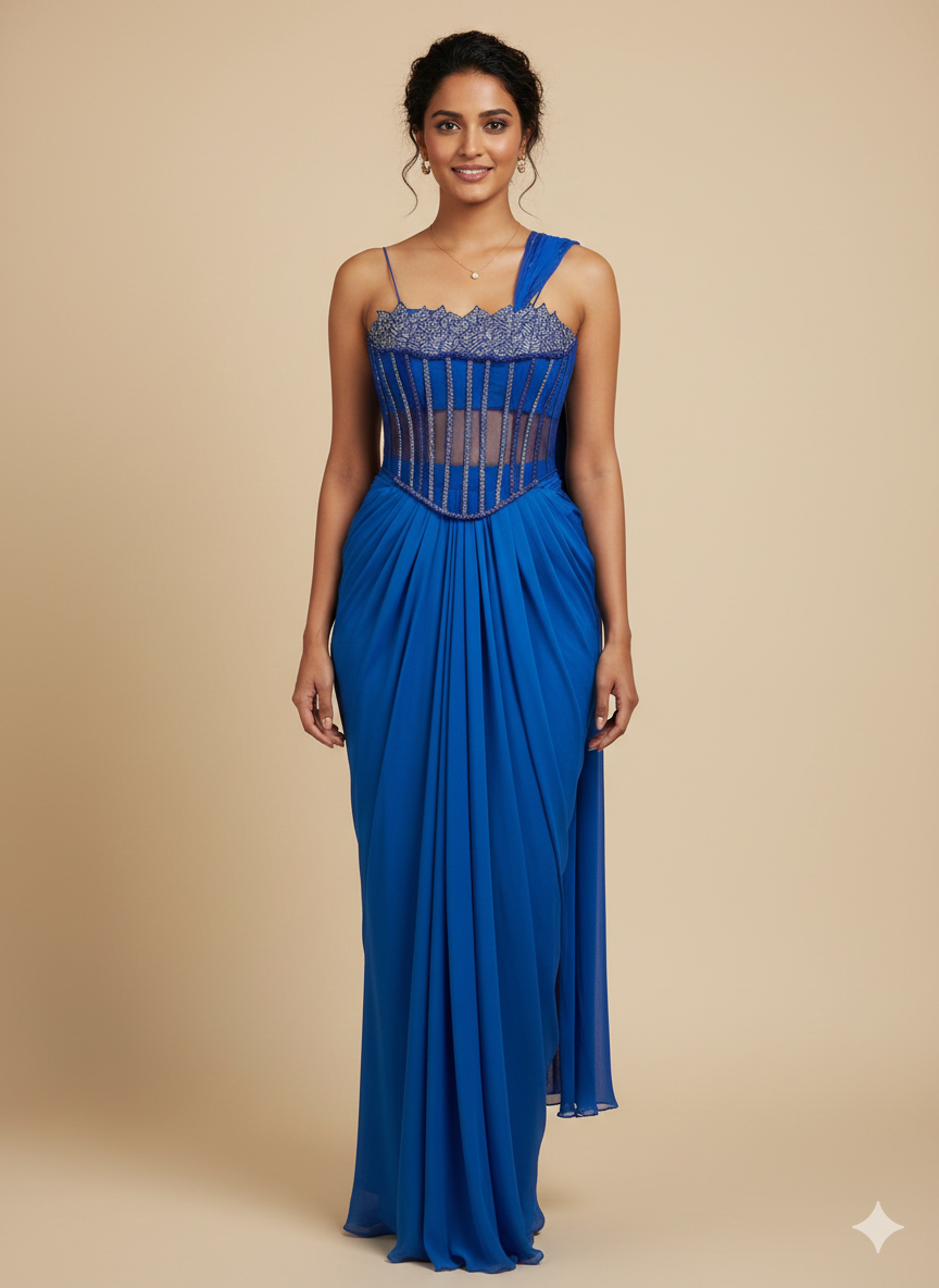 Royal Blue Embellished Corset Drape Saree by UMA SUTRA