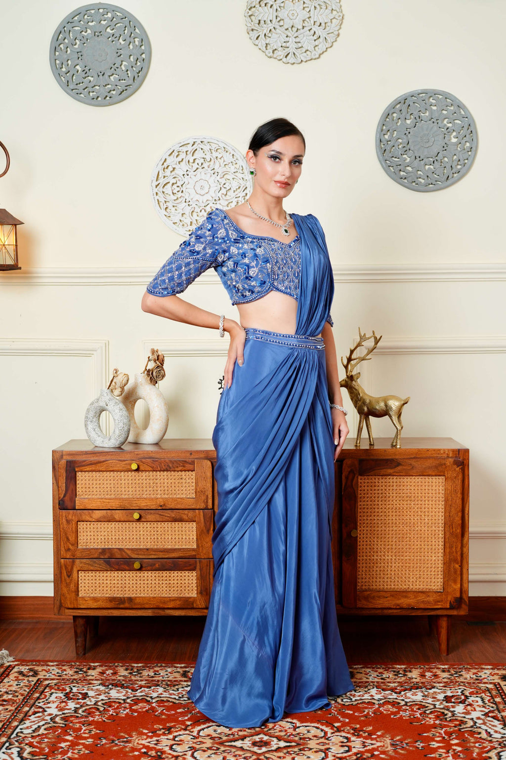 UMA SUTRA Lavender Pre-Stitched Saree with Intricate Embroidery & Deep V Back Blouse side view 