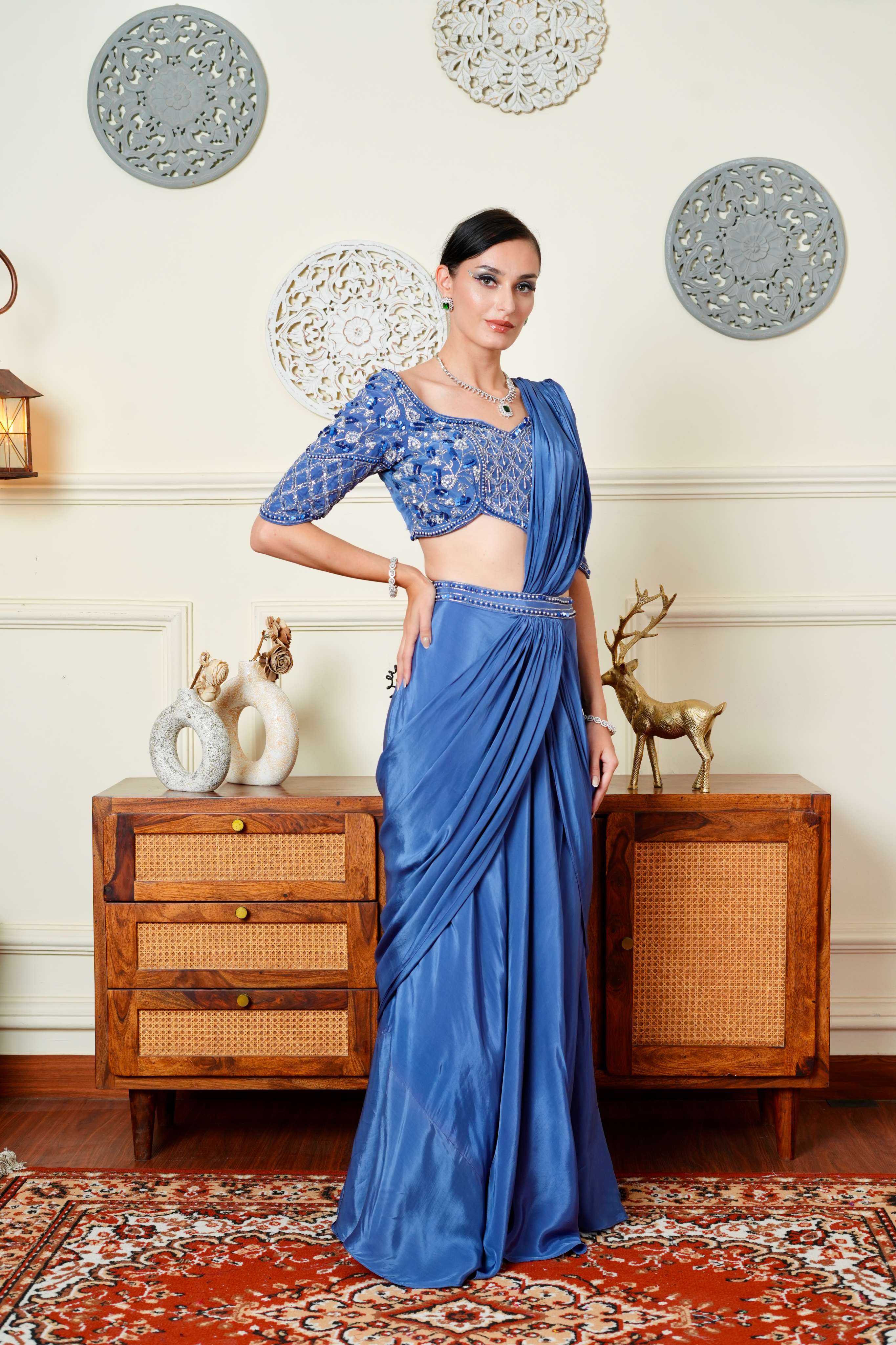 UMA SUTRA Lavender Pre-Stitched Saree with Intricate Embroidery & Deep V Back Blouse side view 