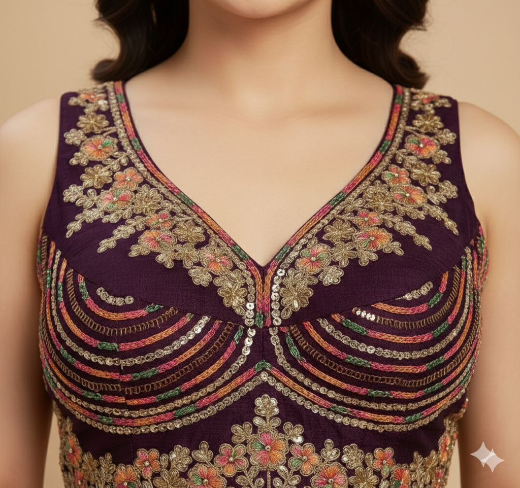 ​UMA SUTRA | The Aavya Embroidered Silk Bustier Blouse close-up 