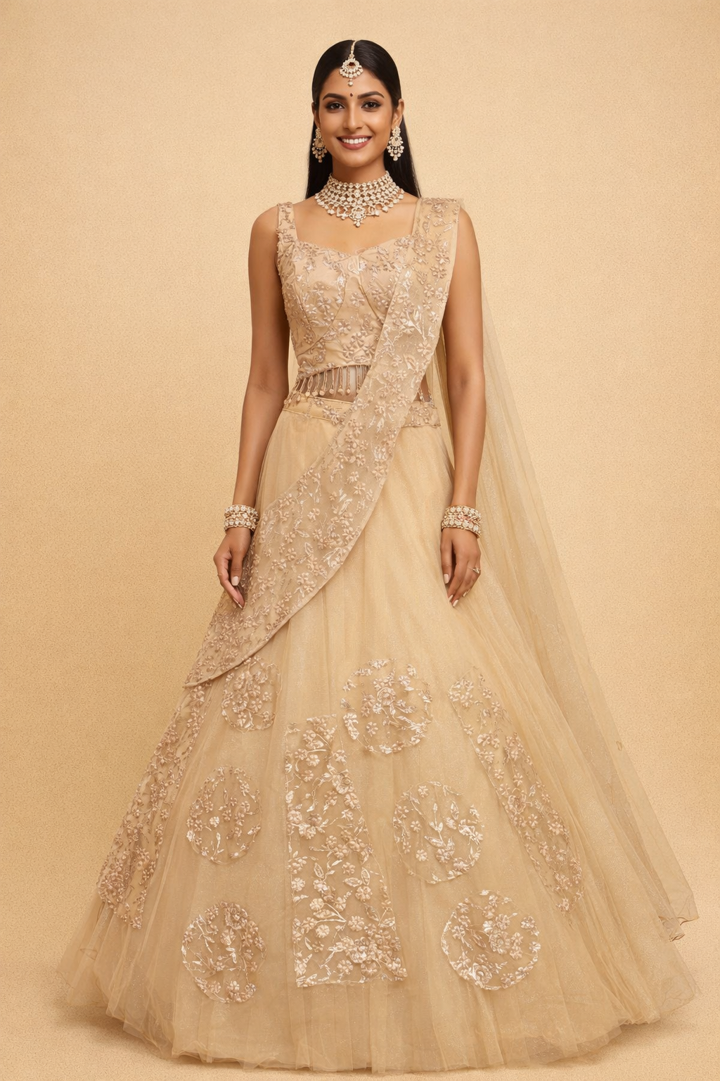 UMA SUTRA Embroidered Tulle Lehenga Choli Set with Fringe Detail