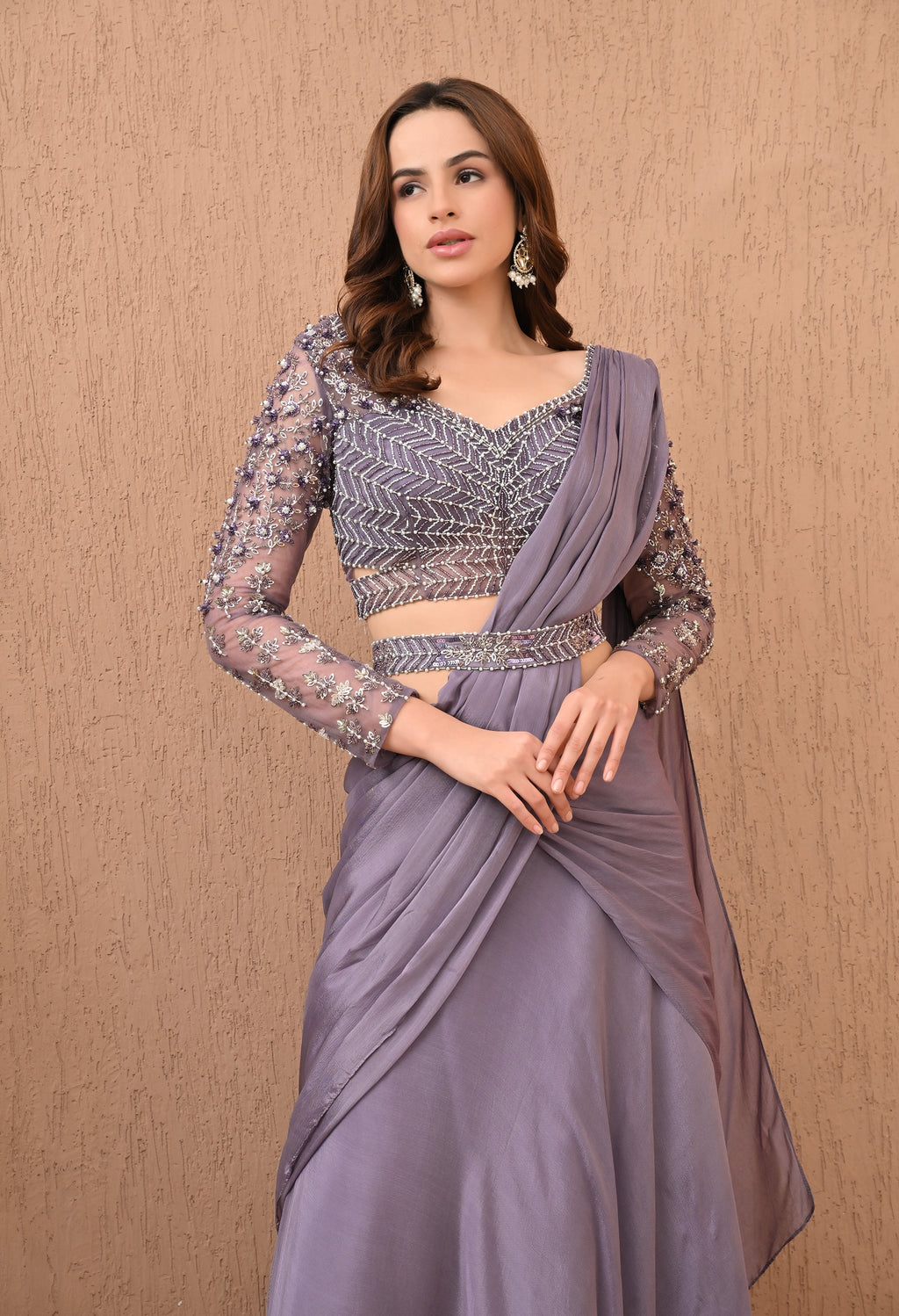 UMA SUTRA Lavender Pearl Work Heavy Blouse with Pre-Draped Saree
