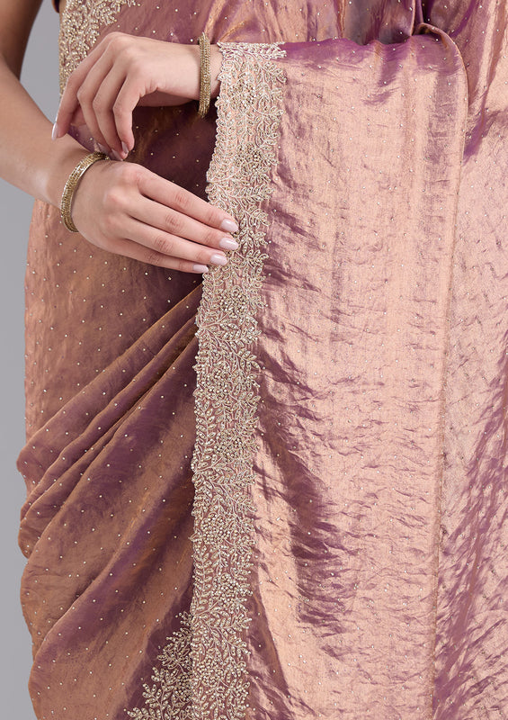 UMA SUTRA Tissue Saree with Gold Stonework Embroidery closeup view 