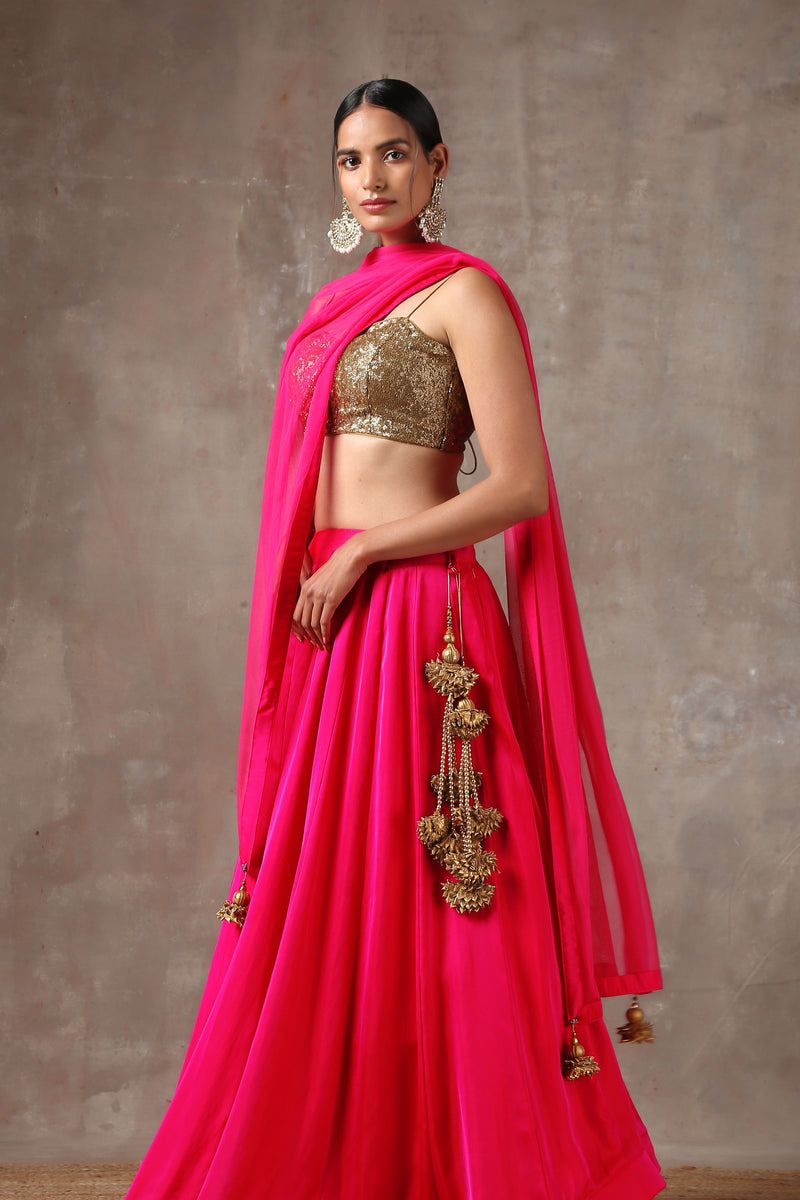 UMA SUTRA Gold Sequin Blouse with Shoulder Straps & Back Tie-Up with lehenga 