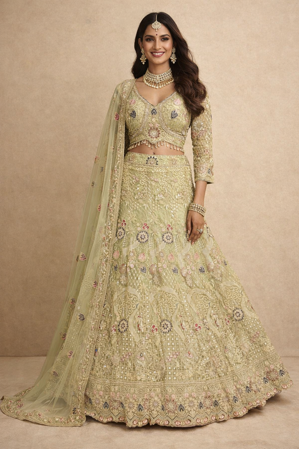 UMA SUTRA Designer Embroidered Lehenga Choli Set – Pastel Green Bridal Wear 
