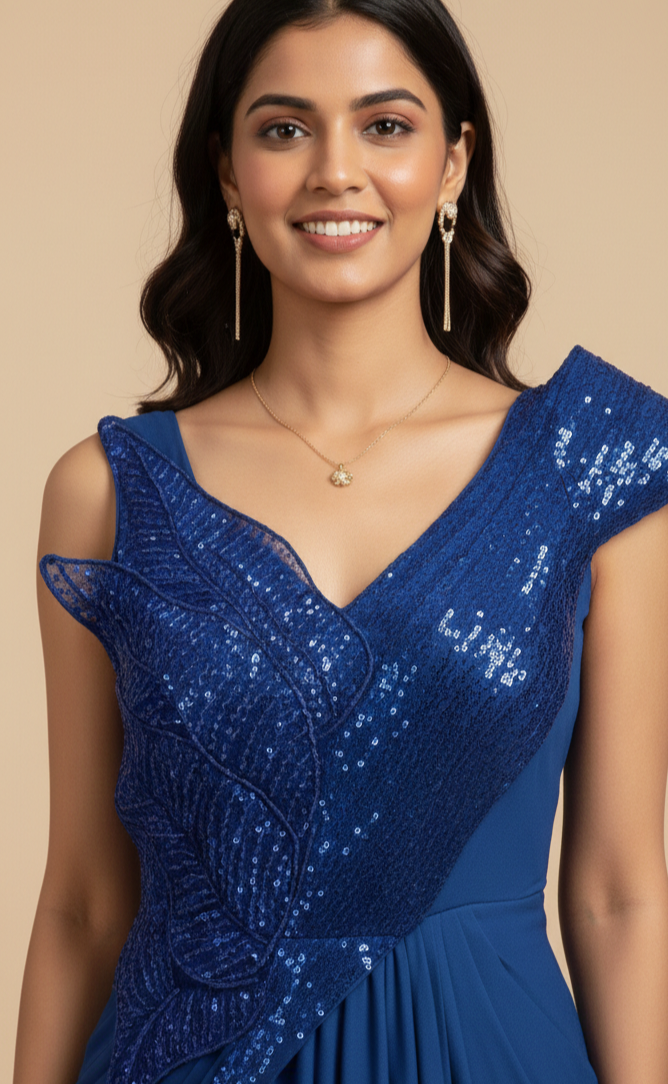 UMA SUTRA Royal Blue Sequin Embellished Pre-Draped Saree Gown