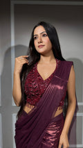 UMA SUTRA Wine Embellished Partywear Drape Saree – Ready-to-Wear Designer Cocktail & Wedding Saree