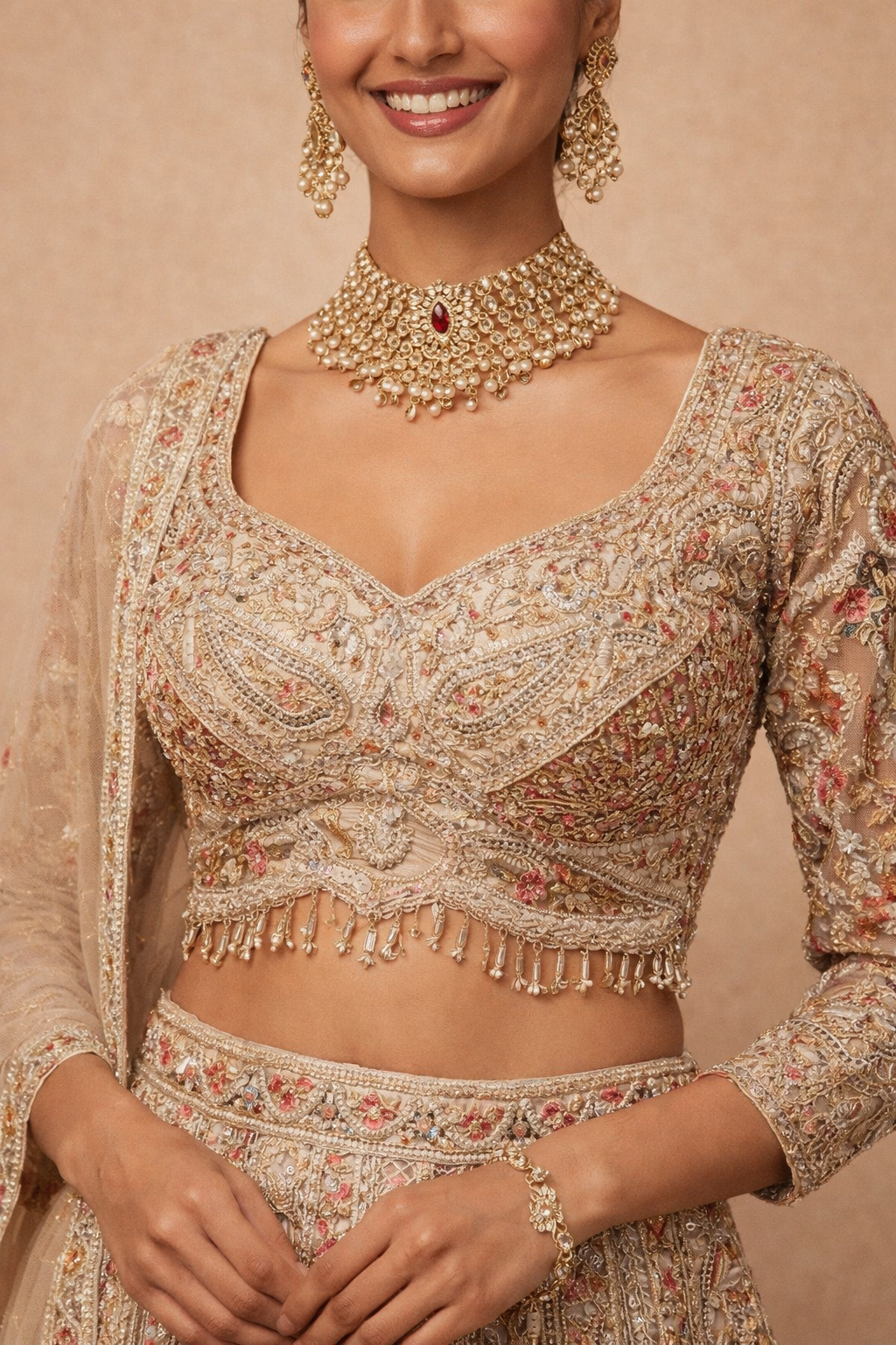 Imperial Champagne Hand-Embroidered Bridal Lehenga close-up by UMA SUTRA 