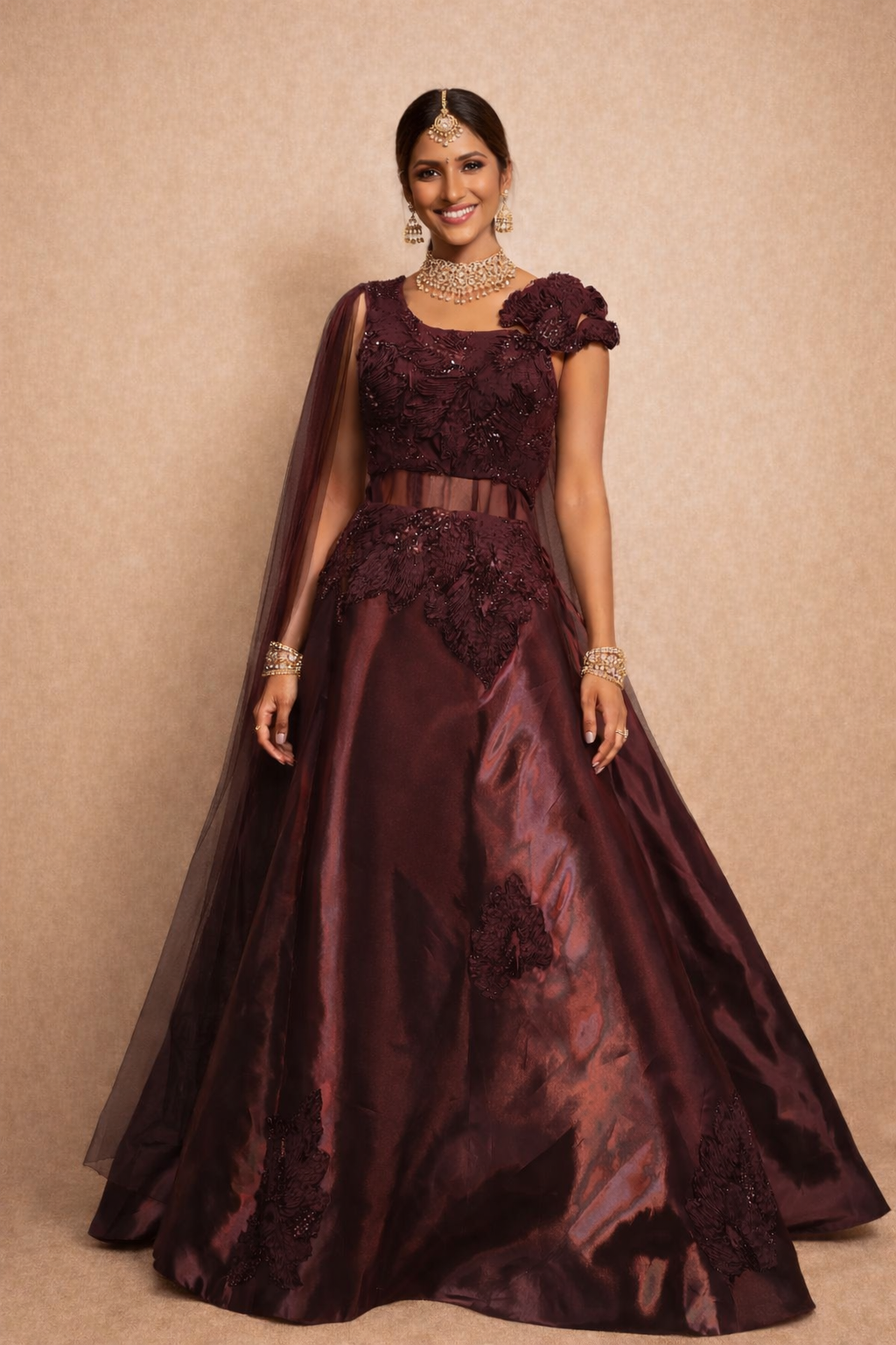 Exquisite Embroidered Wine & Black Gown wine colour 