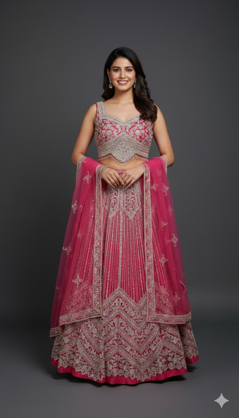 Rani Pink Hand Embroidered Lehenga Set with Designer Blouse & Dupatta – UMA SUTRA