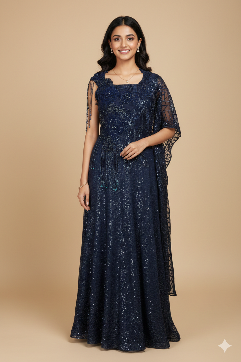 UMA SUTRA Navy Blue Sequin Embroidered Evening Gown