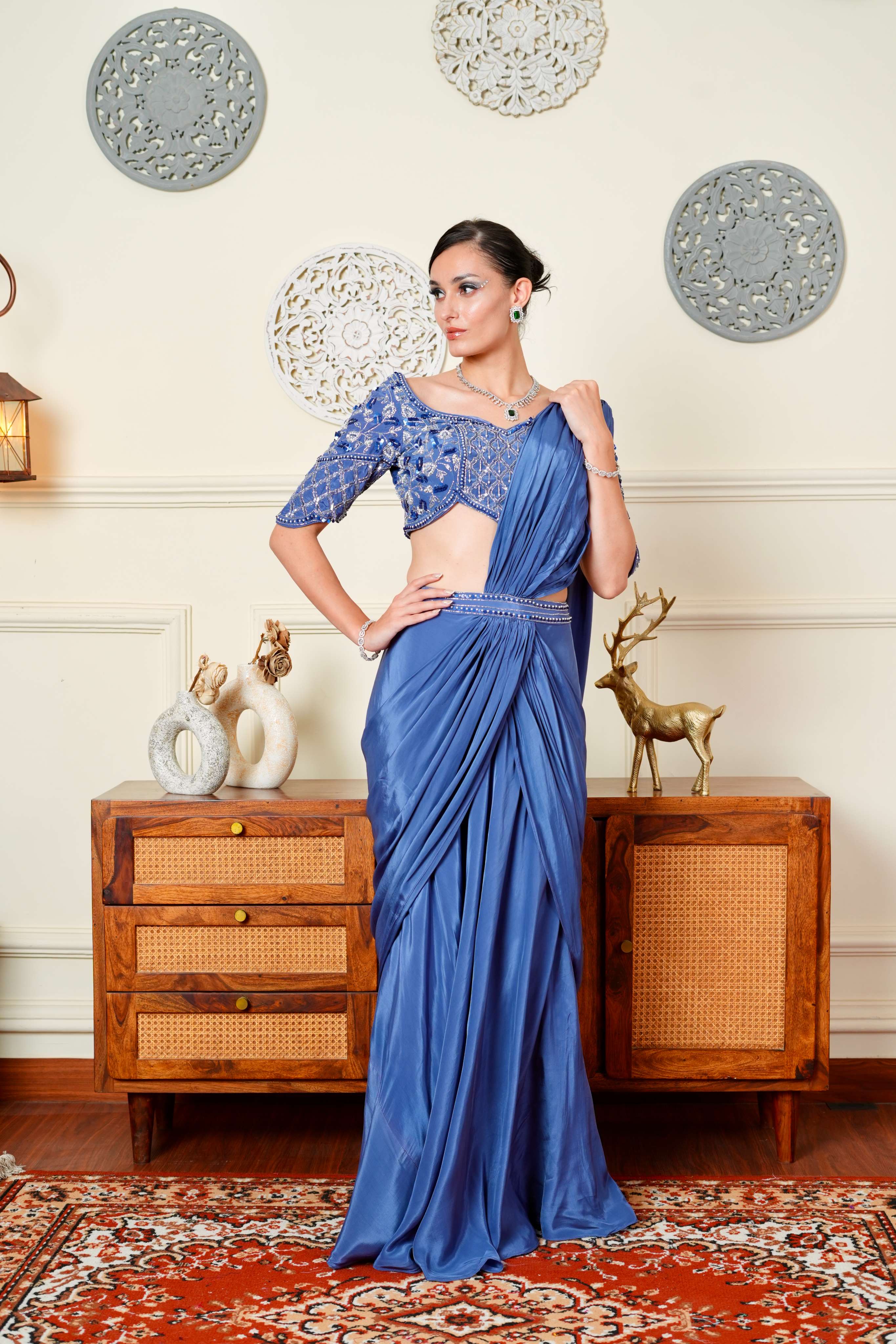 UMA SUTRA Lavender Pre-Stitched Saree with Intricate Embroidery & Deep V Back Blouse