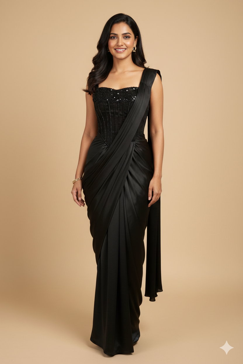 UMA SUTRA Black Sequin Corset Pre-Stitched Saree – Luxury Cocktail & Evening Wear