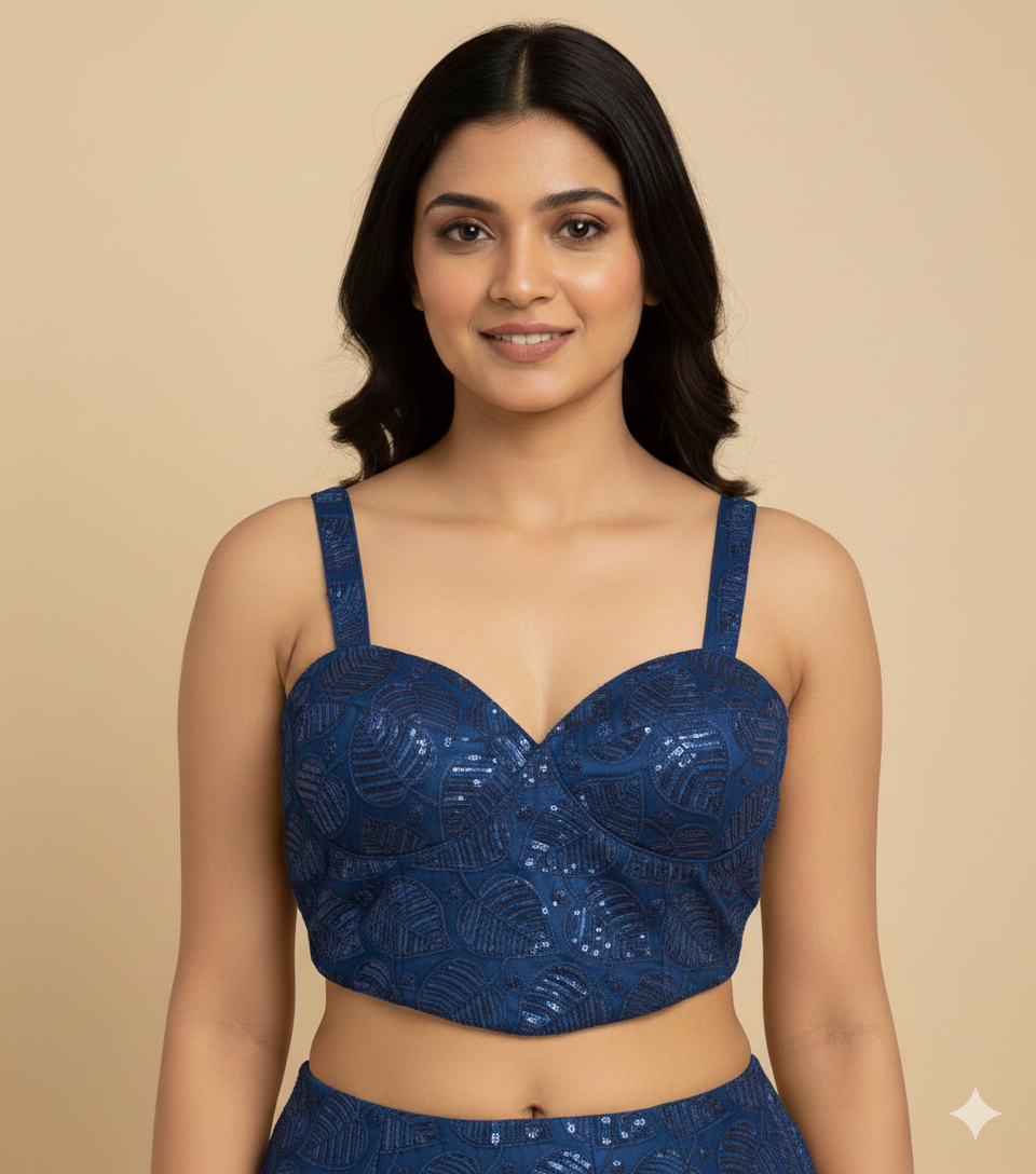 UMA SUTRA Designer Corset Blouse with Cut Dana Handwork blue colour 
