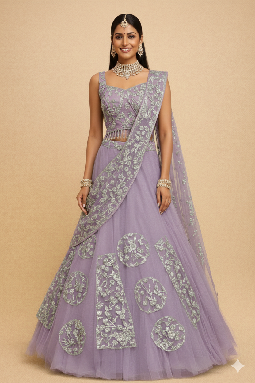 UMA SUTRA Embroidered Tulle Lehenga Choli Set with Fringe Detail lavender 