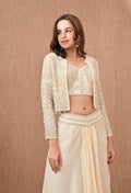 UMA SUTRA Fusion Embroidered Jacket Set with Heavy Embellished Blouse & Flared Pants – Indo Western Glam