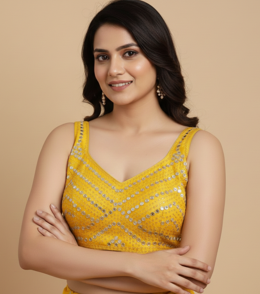 Yellow Mirror Work Designer Blouse for Women | Premium Festive & Wedding Wear by UMA SUTRA