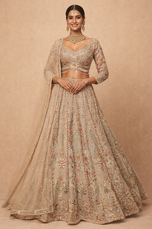 Imperial Champagne Hand-Embroidered Bridal Lehenga by UMA SUTRA 